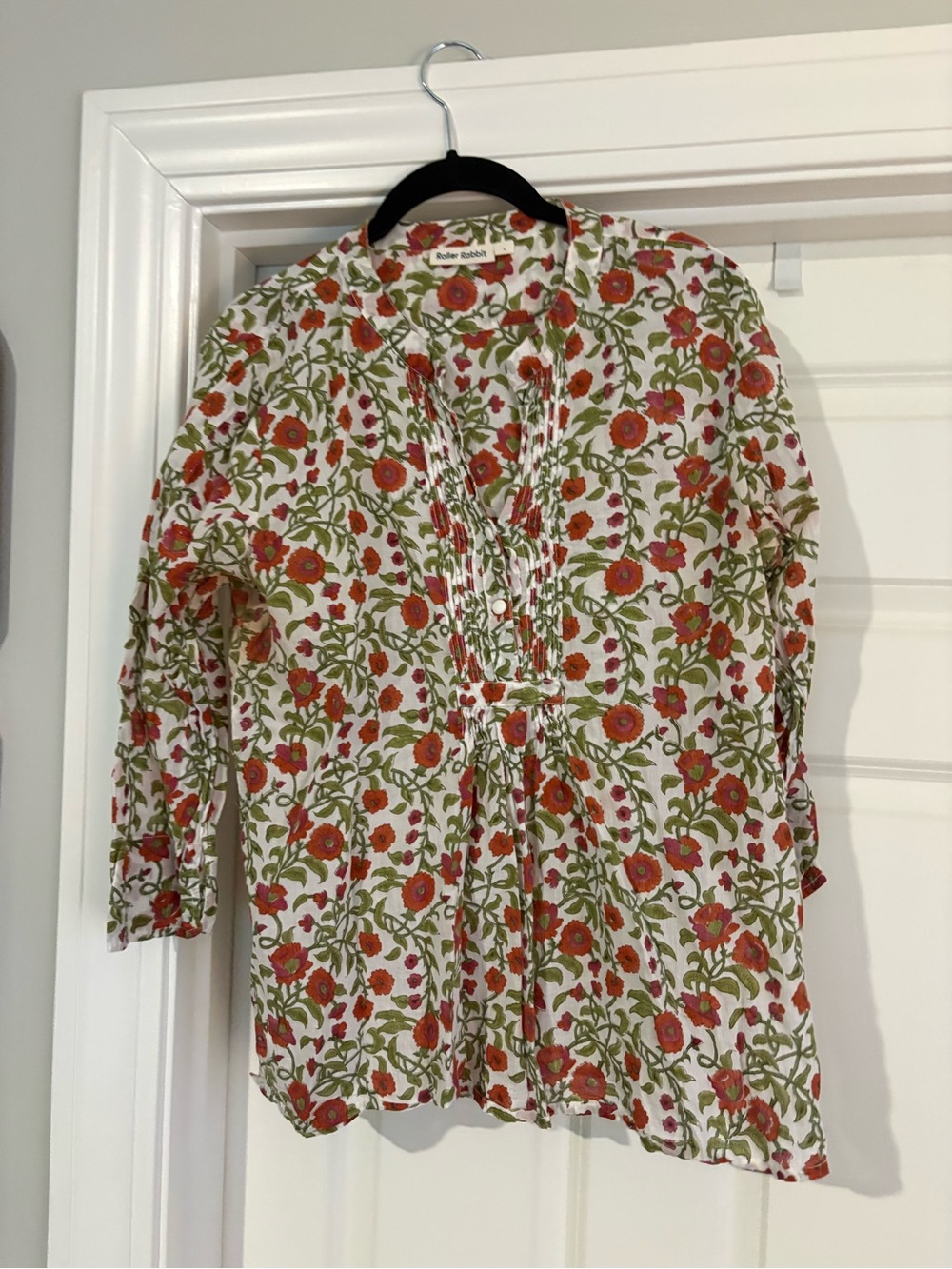 Roller Rabbit Floral Button-Front Top in White, Orange & Green